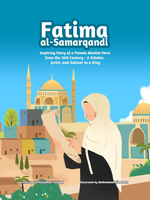 Book cover of 'Fatima al-Samarqandi' with a woman holding a scroll and a cityscape in the background.
