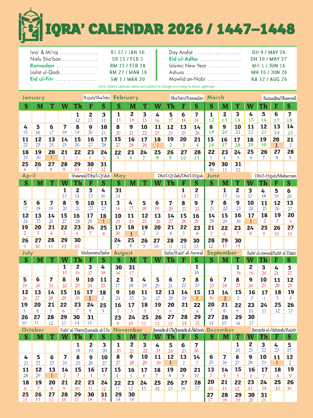 IQRA' Islamic Dates Calendar 2026 / 1447-1448 H